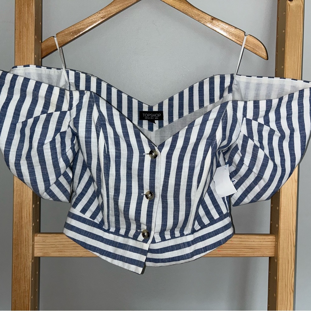 TOP SHOP BLUE & WHITE STRIPE BUTTON UP CROP TOP Off Shoulder Puff Sleeve Sz US 2